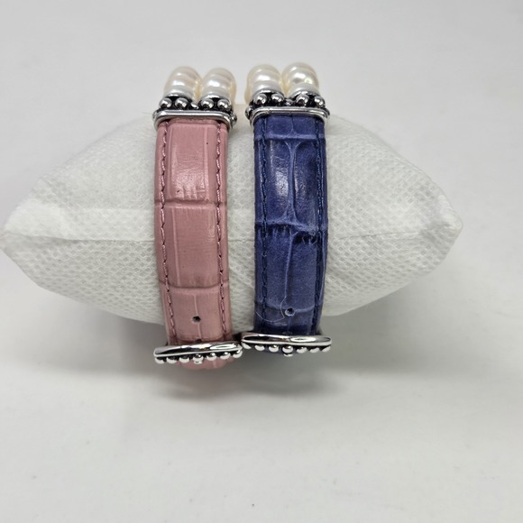 HONORA Set 2 Gen Leather Pearl Sterling Silver 925 Double Row Bracelet Pink Blue - Picture 3 of 11